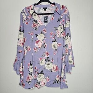 Torrid Size 2 Boho Collared V-Neck Pullover Floral Top Long Bell Sleeve Stretchy